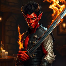 A red-skinned tiefling with devilish features stands in a dimly lit medieval tavern