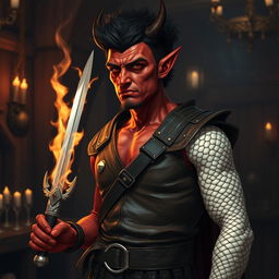 A red-skinned tiefling with devilish features stands in a dimly lit medieval tavern