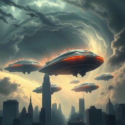 A thrilling depiction of an alien invasion, where massive extraterrestrial ships descend from a swirling, tumultuous sky