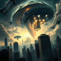 A thrilling depiction of an alien invasion, where massive extraterrestrial ships descend from a swirling, tumultuous sky