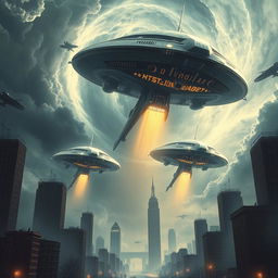 A thrilling depiction of an alien invasion, where massive extraterrestrial ships descend from a swirling, tumultuous sky