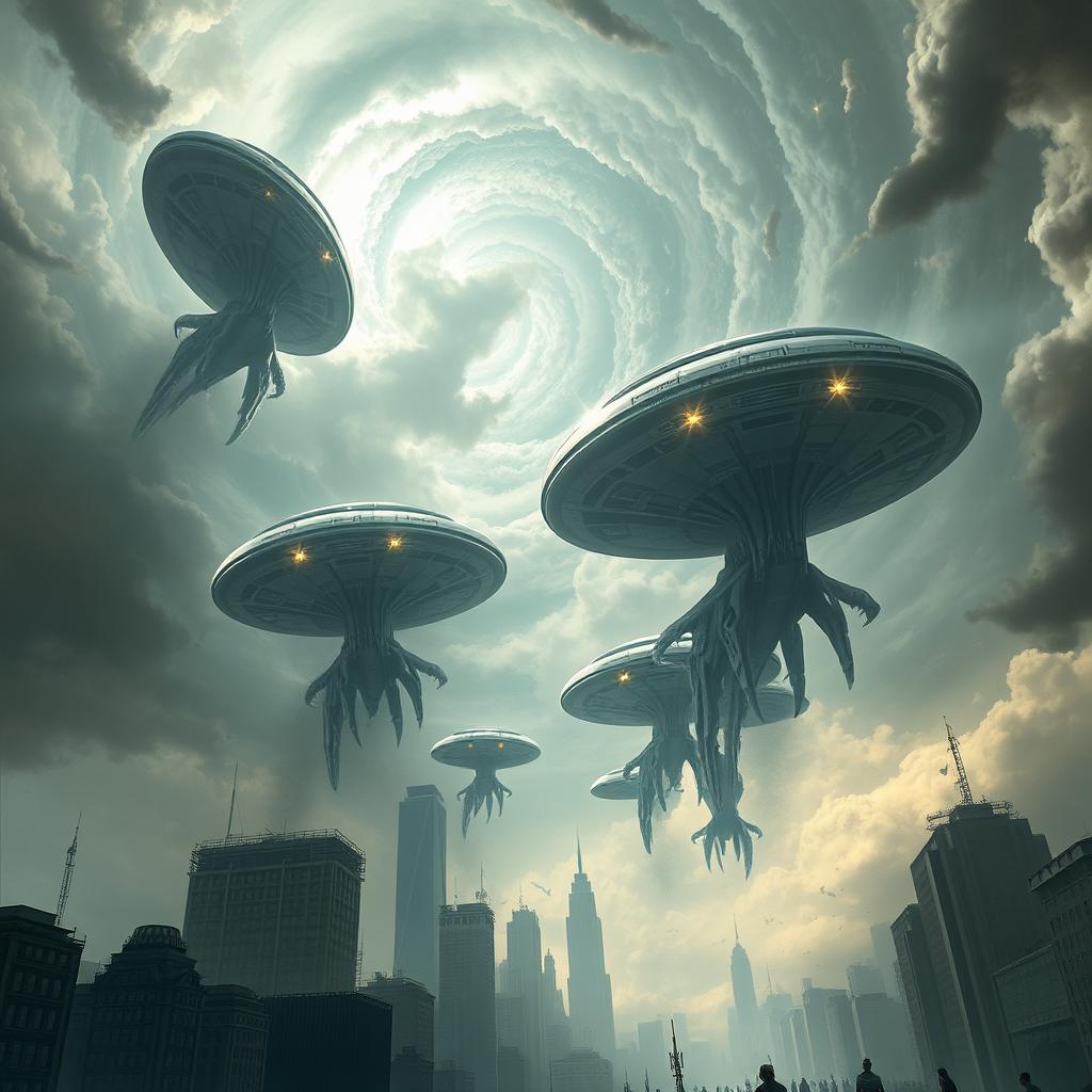 A thrilling depiction of an alien invasion, where massive extraterrestrial ships descend from a swirling, tumultuous sky