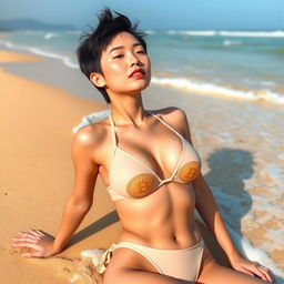 a beautiful and youthful 18-year-old Japanese woman with a quiff pixie haircut is sunbathing seductively on the beach