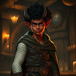 A young-looking red-skinned tiefling with one broken horn stands in a dimly lit medieval tavern