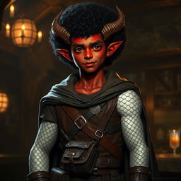 A young-looking red-skinned tiefling with one broken horn stands in a dimly lit medieval tavern