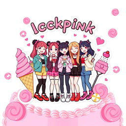 colorful and vibrant illustration inspired by Blackpink's "Ice Cream" music video, featuring playful and whimsical elements like ice cream cones, pink swirl patterns, and candy motifs