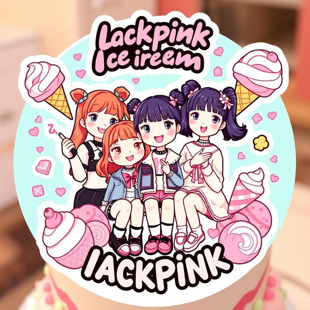 colorful and vibrant illustration inspired by Blackpink's "Ice Cream" music video, featuring playful and whimsical elements like ice cream cones, pink swirl patterns, and candy motifs