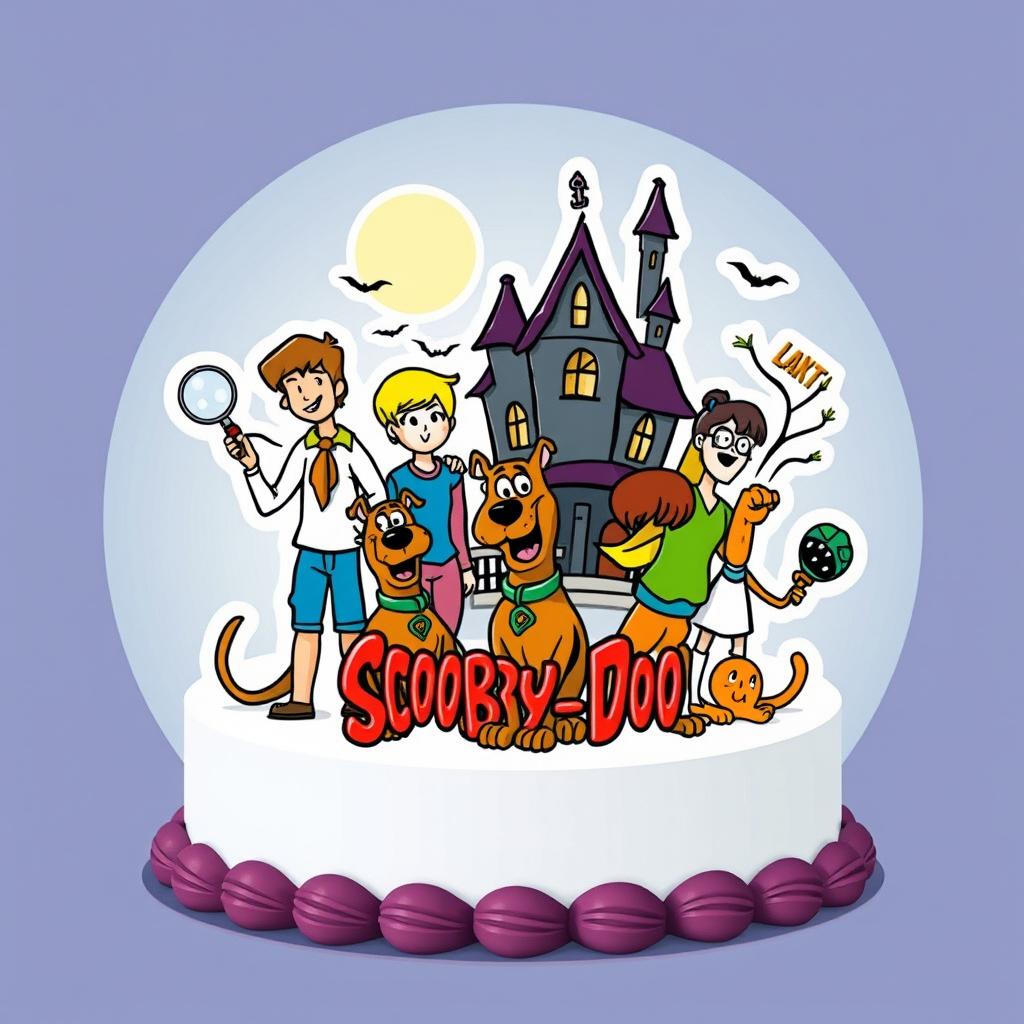 fun and lively illustration inspired by Scooby-Doo, featuring classic cartoon elements and characters like Scooby-Doo, Shaggy, Velma, Daphne, and Fred