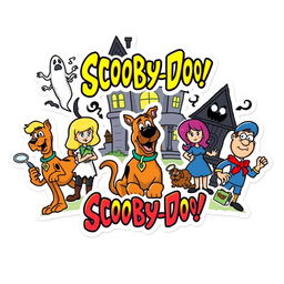 fun and lively illustration inspired by Scooby-Doo, featuring classic cartoon elements and characters like Scooby-Doo, Shaggy, Velma, Daphne, and Fred