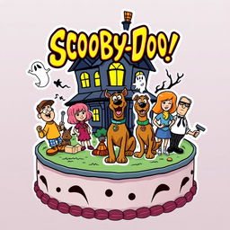 fun and lively illustration inspired by Scooby-Doo, featuring classic cartoon elements and characters like Scooby-Doo, Shaggy, Velma, Daphne, and Fred