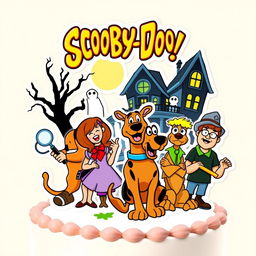 fun and lively illustration inspired by Scooby-Doo, featuring classic cartoon elements and characters like Scooby-Doo, Shaggy, Velma, Daphne, and Fred