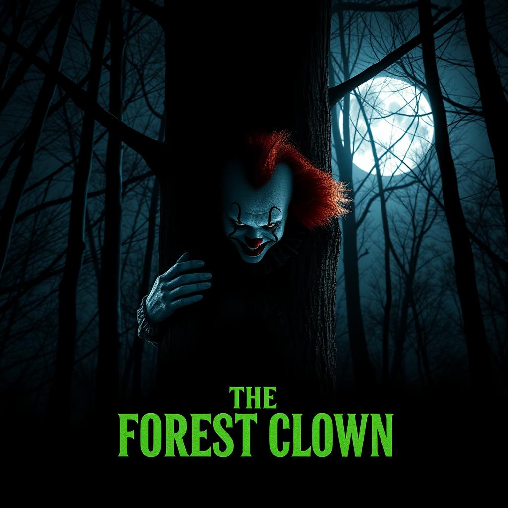 A creepy clown hides behind a tree in a dark forest, with the moonlight casting eerie shadows through the branches