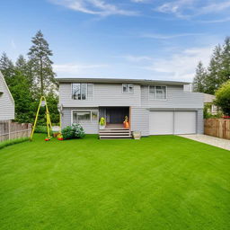 A two-storey family house suitable for a family of four with a well-maintained lawn, a playful swing set, and a spacious garage.