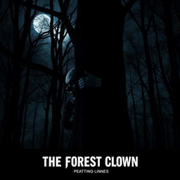 A creepy clown hides behind a tree in a dark forest, with the moonlight casting eerie shadows through the branches