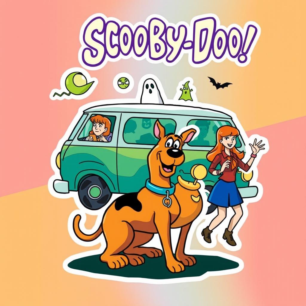 fun and vibrant illustration inspired by Scooby-Doo, with classic cartoon elements featuring Scooby-Doo, Shaggy, Velma, Daphne, and Fred