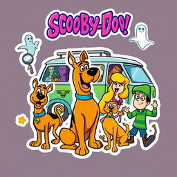 fun and vibrant illustration inspired by Scooby-Doo, with classic cartoon elements featuring Scooby-Doo, Shaggy, Velma, Daphne, and Fred