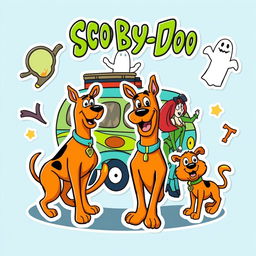 fun and vibrant illustration inspired by Scooby-Doo, with classic cartoon elements featuring Scooby-Doo, Shaggy, Velma, Daphne, and Fred