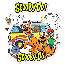 fun and vibrant illustration inspired by Scooby-Doo, with classic cartoon elements featuring Scooby-Doo, Shaggy, Velma, Daphne, and Fred