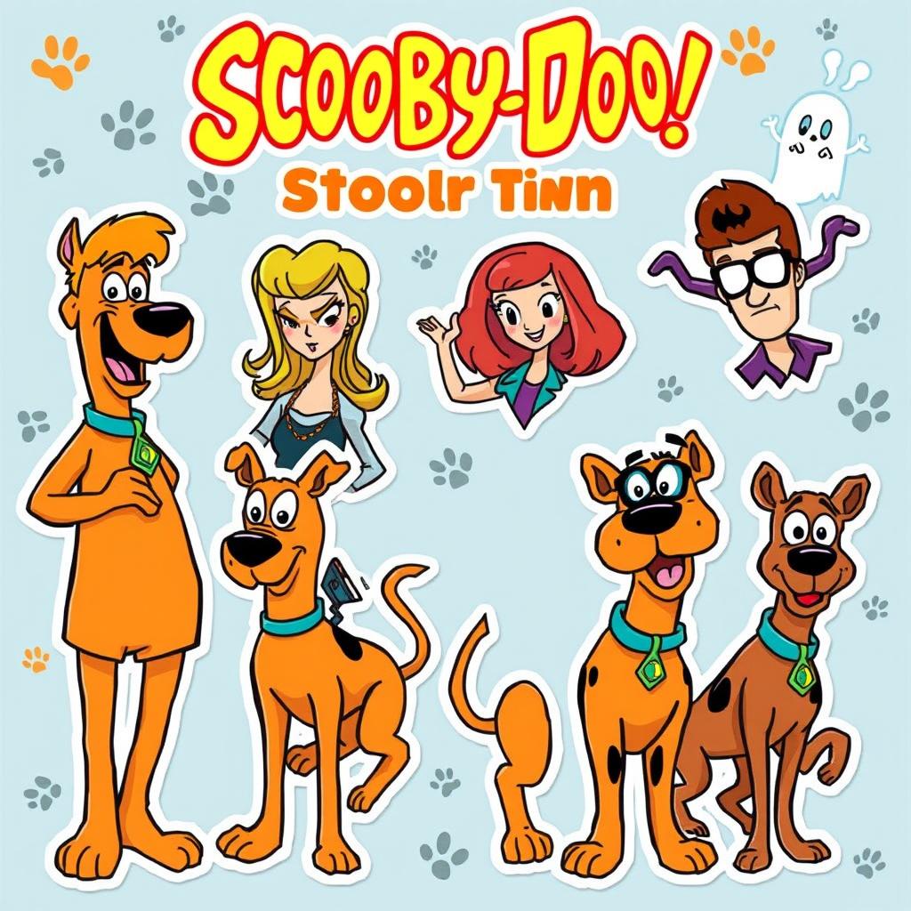 a lively and engaging illustration inspired by Scooby-Doo, featuring the iconic characters Scooby-Doo, Shaggy, Velma, Daphne, and Fred as colorful and fun sticker designs