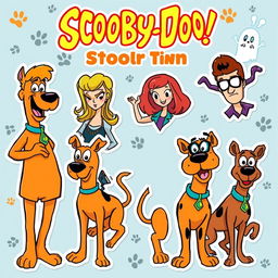 a lively and engaging illustration inspired by Scooby-Doo, featuring the iconic characters Scooby-Doo, Shaggy, Velma, Daphne, and Fred as colorful and fun sticker designs