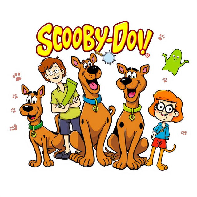 a lively and engaging illustration inspired by Scooby-Doo, featuring the iconic characters Scooby-Doo, Shaggy, Velma, Daphne, and Fred as colorful and fun sticker designs