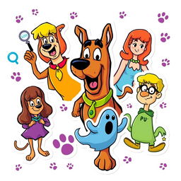 a lively and engaging illustration inspired by Scooby-Doo, featuring the iconic characters Scooby-Doo, Shaggy, Velma, Daphne, and Fred as colorful and fun sticker designs