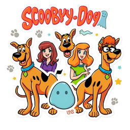 a lively and engaging illustration inspired by Scooby-Doo, featuring the iconic characters Scooby-Doo, Shaggy, Velma, Daphne, and Fred as colorful and fun sticker designs