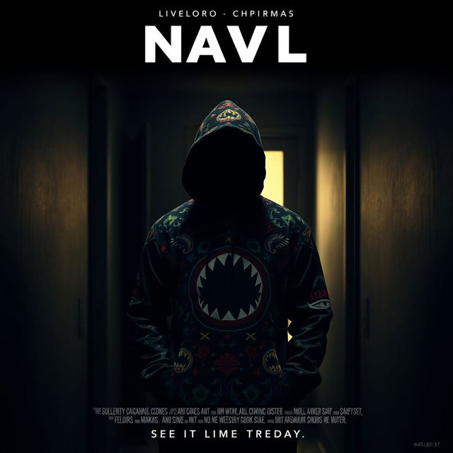 A cinematic movie poster featuring a person wearing a vivid patterned hoodie with a distinctive design, including shark teeth and colorful motifs