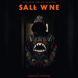 A cinematic movie poster featuring a person wearing a vivid patterned hoodie with a distinctive design, including shark teeth and colorful motifs