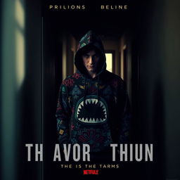 A cinematic movie poster featuring a person wearing a vivid patterned hoodie with a distinctive design, including shark teeth and colorful motifs