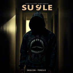 A cinematic movie poster featuring a person wearing a vivid patterned hoodie with a distinctive design, including shark teeth and colorful motifs