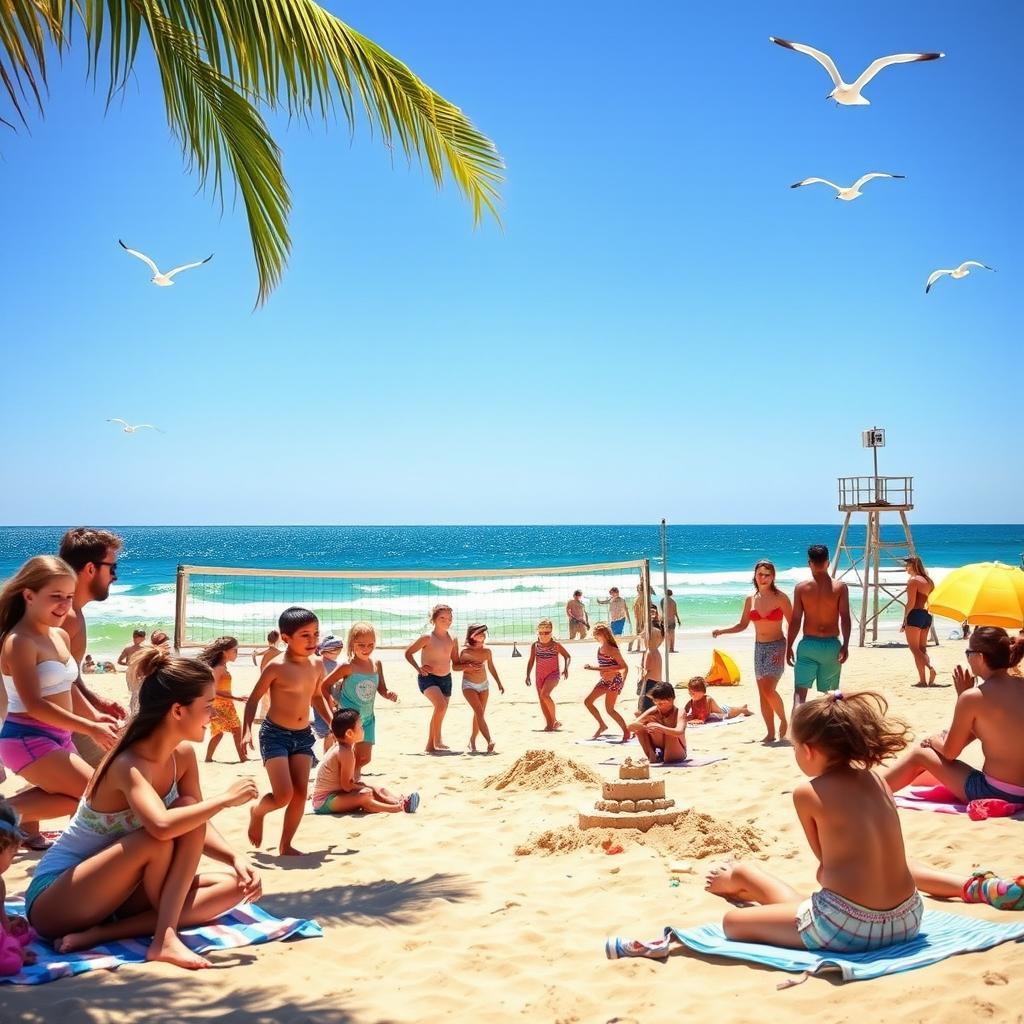 A group of diverse people enjoying a sunny beach day, playing beach volleyball and building sandcastles near the ocean