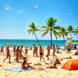 A group of diverse people enjoying a sunny beach day, playing beach volleyball and building sandcastles near the ocean