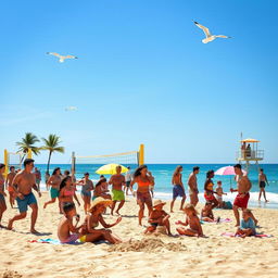 A group of diverse people enjoying a sunny beach day, playing beach volleyball and building sandcastles near the ocean