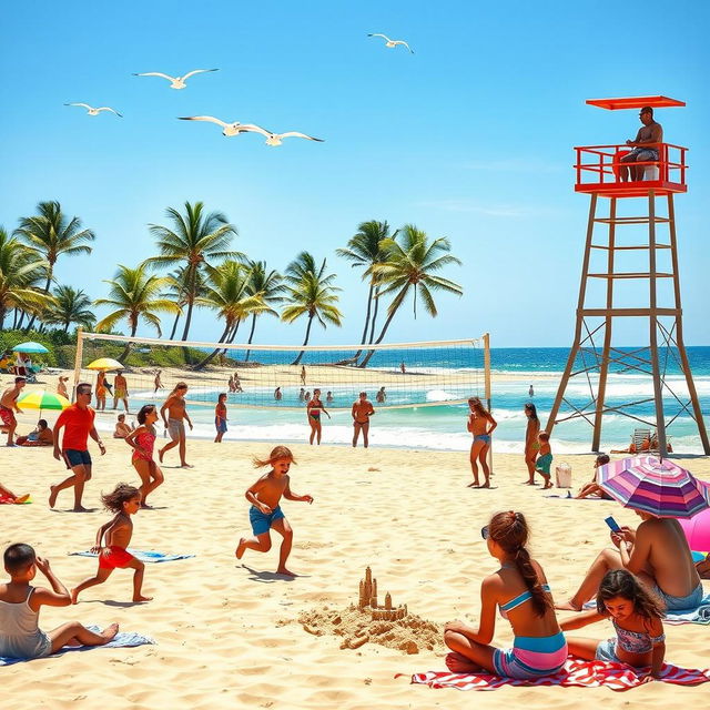 A group of diverse people enjoying a sunny beach day, playing beach volleyball and building sandcastles near the ocean