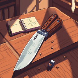 A pixel art depiction of a knife placed on a wooden table