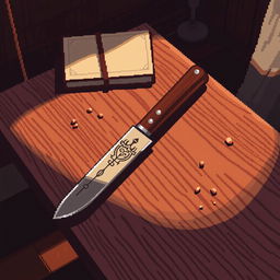 A pixel art depiction of a knife placed on a wooden table