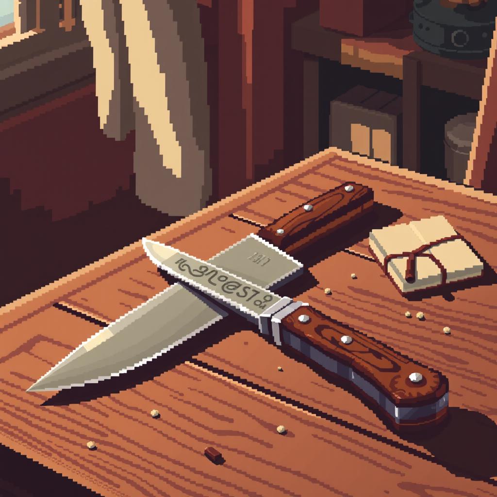 A pixel art depiction of a knife placed on a wooden table