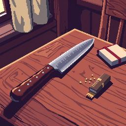 A pixel art depiction of a knife placed on a wooden table