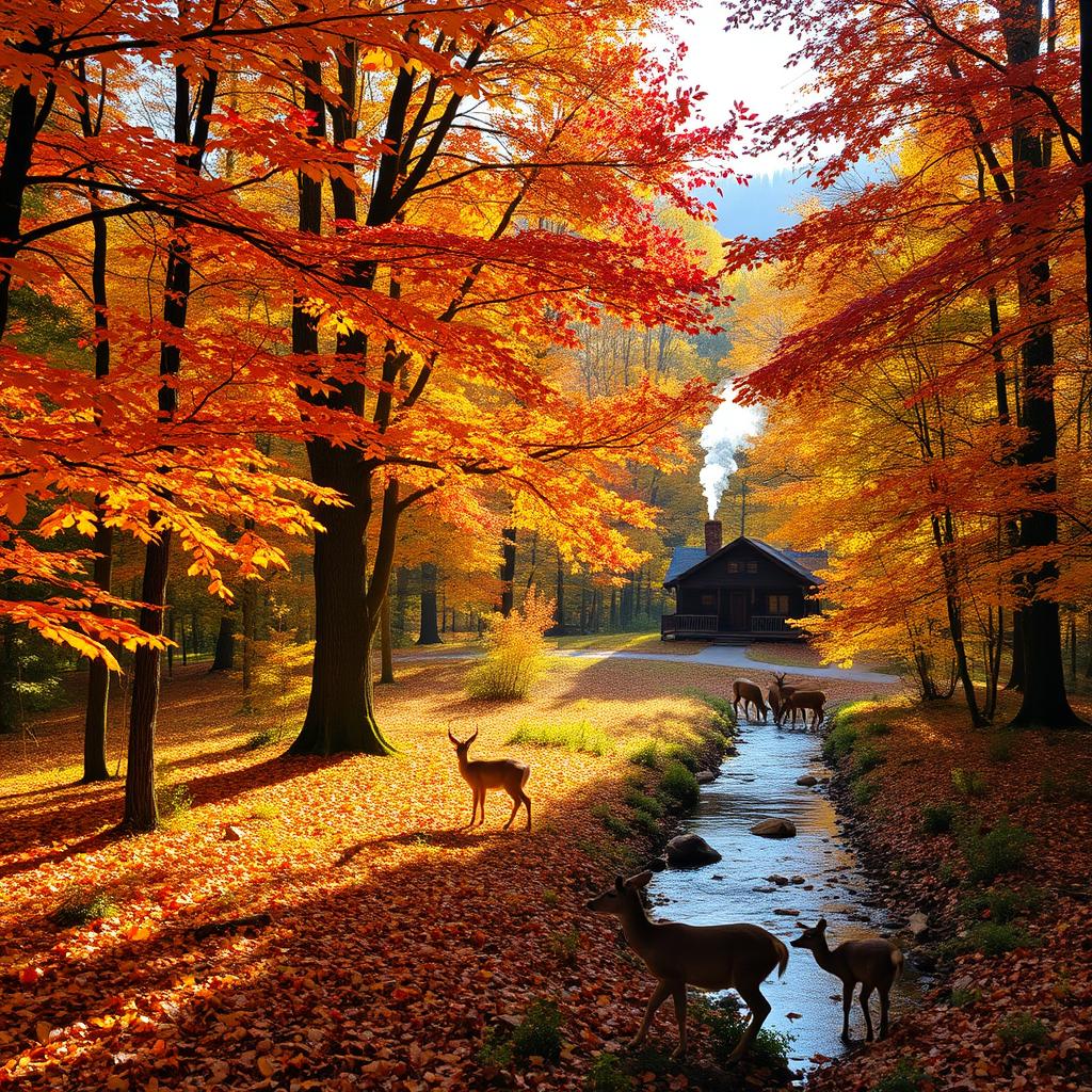 A serene autumn forest scene with vibrant orange, red, and yellow leaves on trees