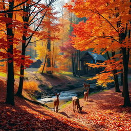 A serene autumn forest scene with vibrant orange, red, and yellow leaves on trees