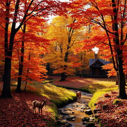 A serene autumn forest scene with vibrant orange, red, and yellow leaves on trees