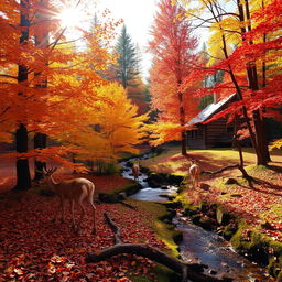 A serene autumn forest scene with vibrant orange, red, and yellow leaves on trees