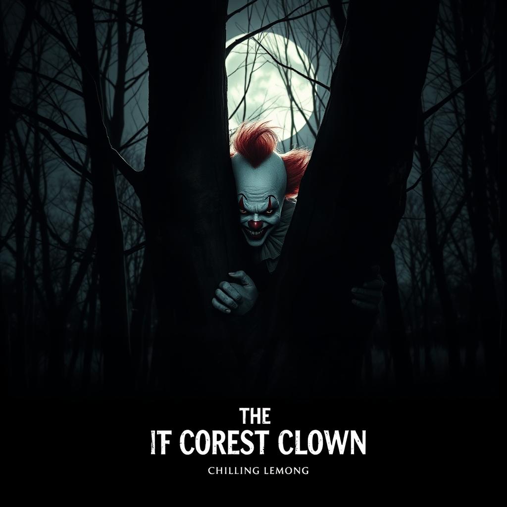 A creepy clown hides behind a tree in a dark forest, with the moonlight casting eerie shadows through the bare branches