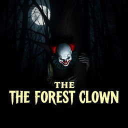 A creepy clown hides behind a tree in a dark forest, with the moonlight casting eerie shadows through the bare branches