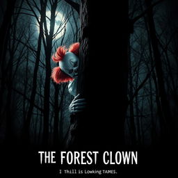 A creepy clown hides behind a tree in a dark forest, with the moonlight casting eerie shadows through the bare branches