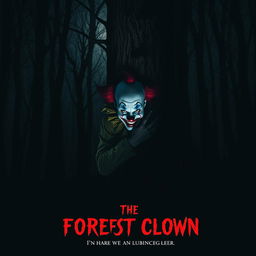 A creepy clown hides behind a tree in a dark forest, with the moonlight casting eerie shadows through the bare branches