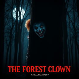 A creepy clown with a ginger beard and mustache hides behind a tree in a dark forest, illuminated by the eerie moonlight creating haunting shadows