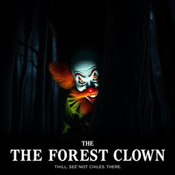 A creepy clown with a ginger beard and mustache hides behind a tree in a dark forest, illuminated by the eerie moonlight creating haunting shadows