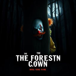 A creepy clown with a ginger beard and mustache hides behind a tree in a dark forest, illuminated by the eerie moonlight creating haunting shadows